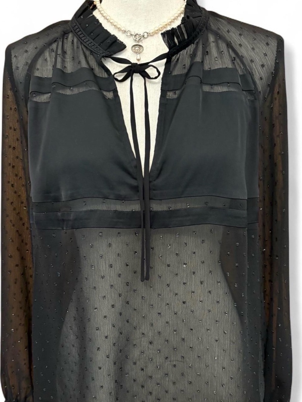 All Saints Veda Shimmer Black Sheer Blouse with Tie Neck